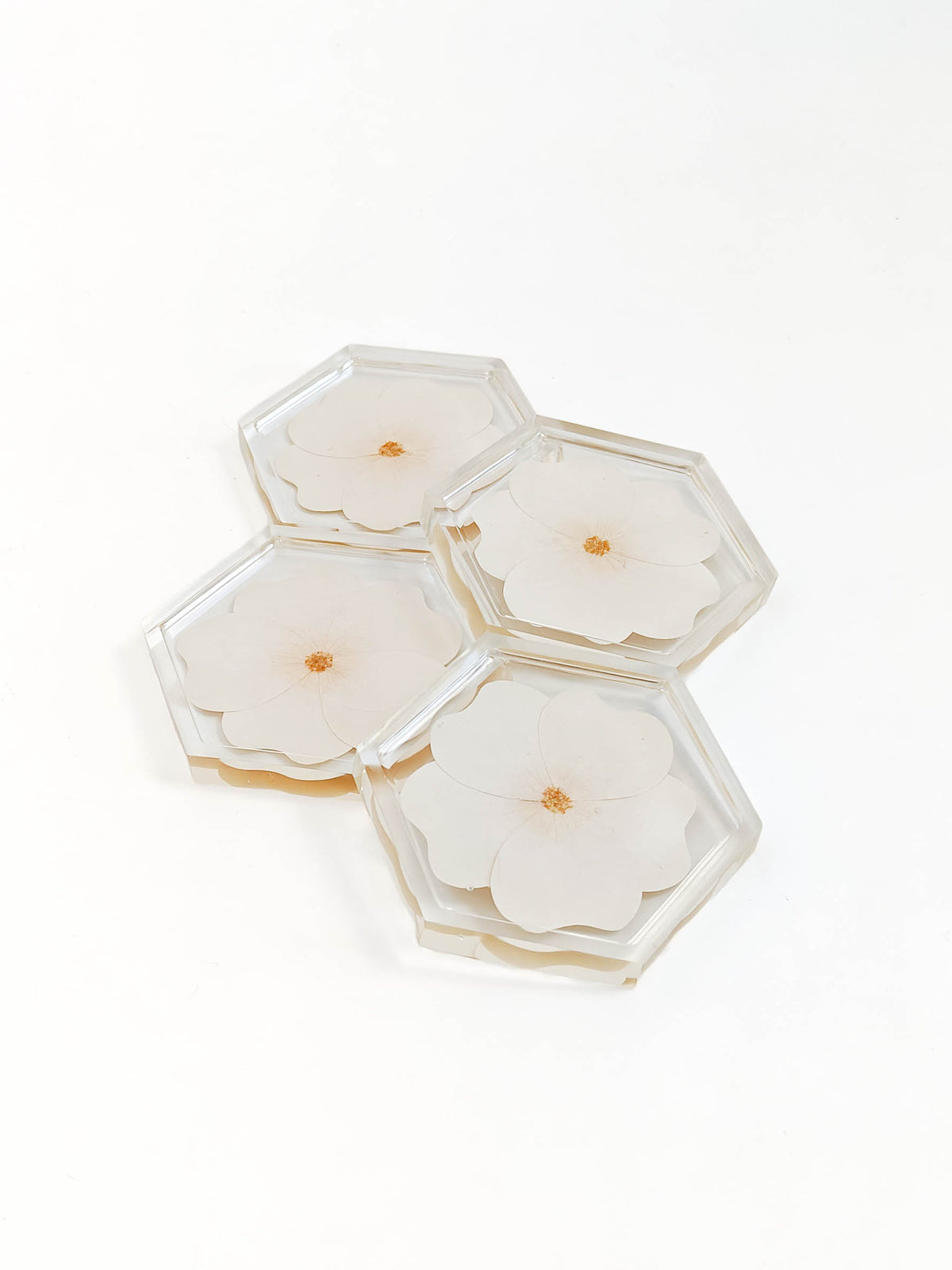 Four hexagonal resin coasters with pressed white flower designs, arranged on a seamless white background.