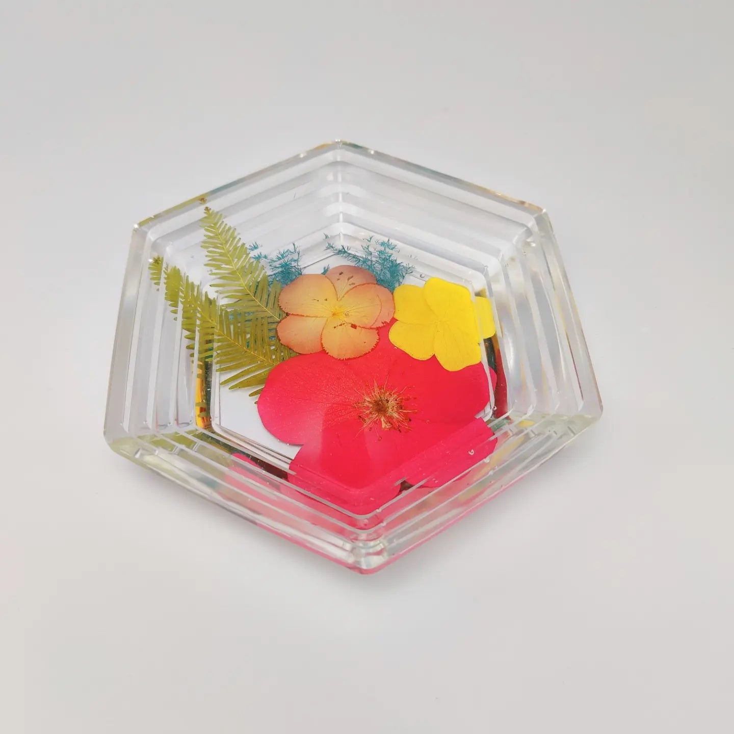 Stepped hexagon floral trinket dish in resin - a flower preservation art