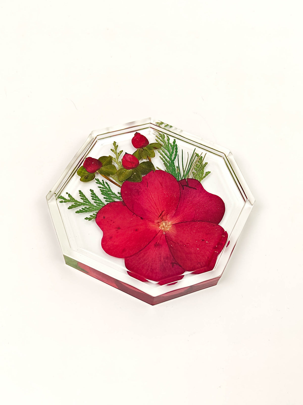 A hexagonal clear resin tray featuring a large pressed red flower, green leaves, and small red berries, photographed on a clean white background.