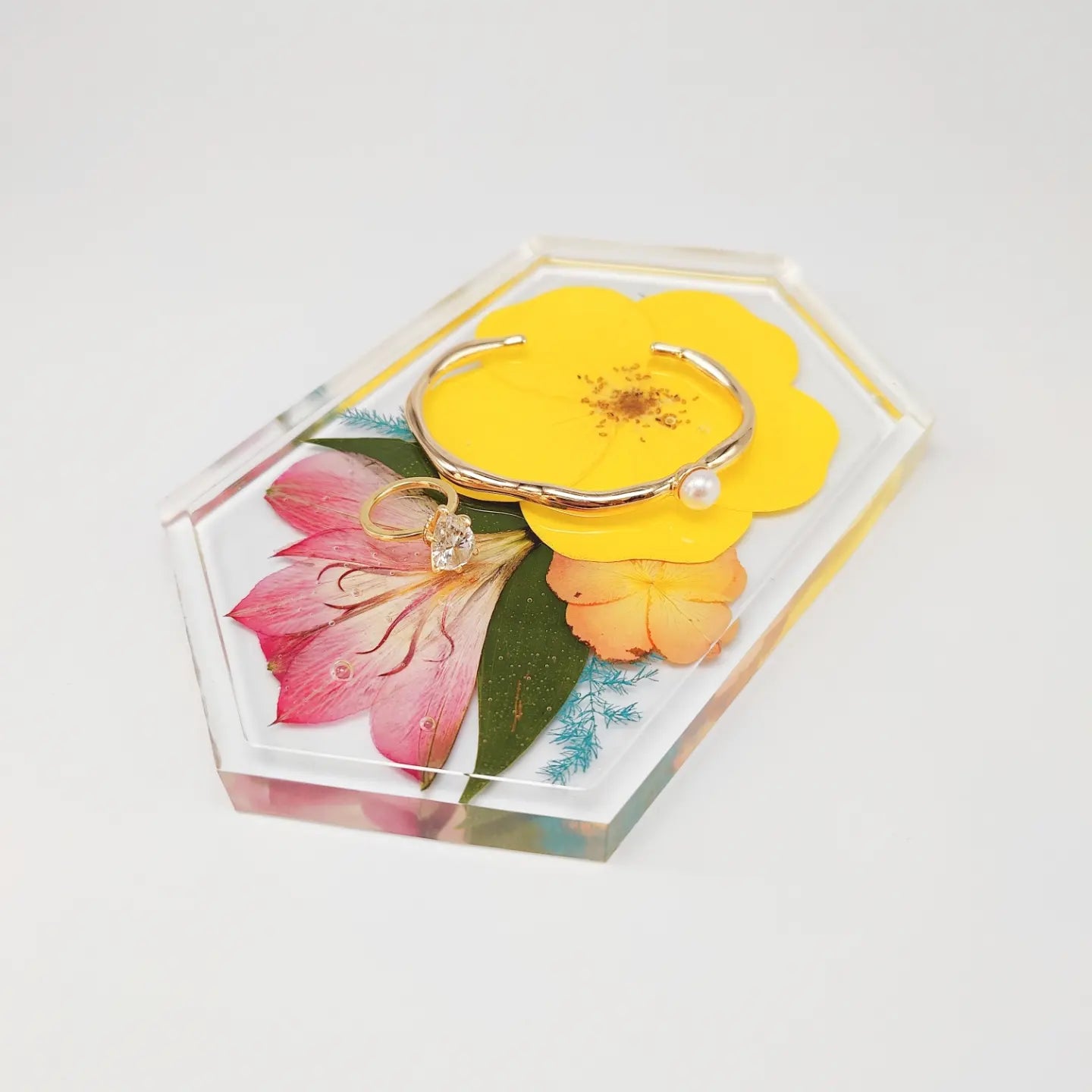 Elongated hexagon floral trinket dish in resin - a flower preservation art